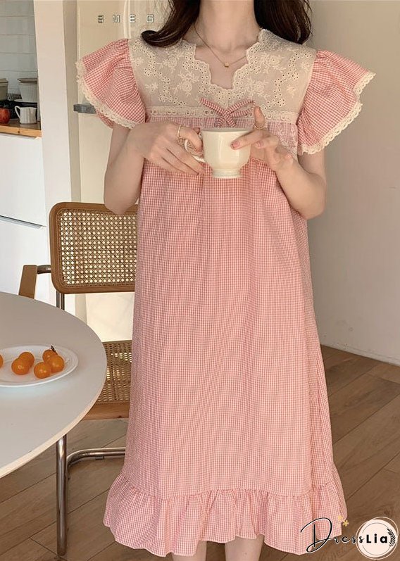 Italian Pink Lace Patchwork Ruffled Plaid Print Cotton Dress Summer