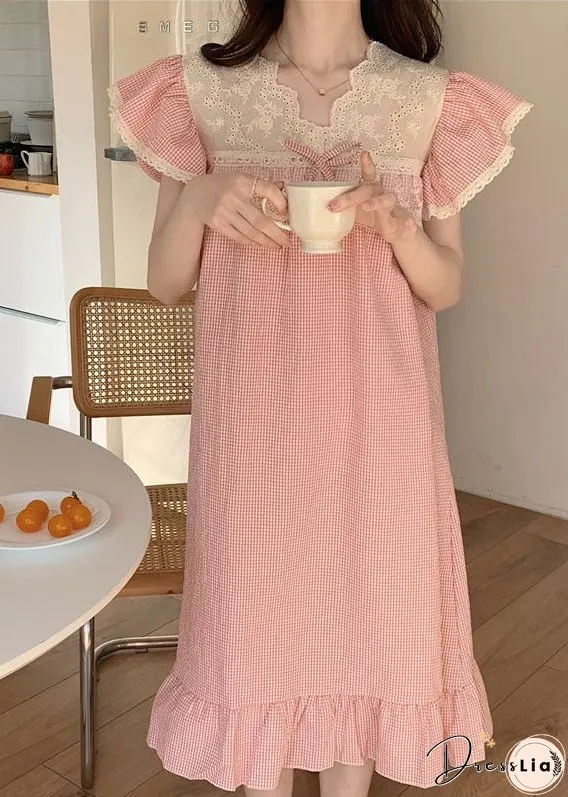 Italian Pink Lace Patchwork Ruffled Plaid Print Cotton Dress Summer