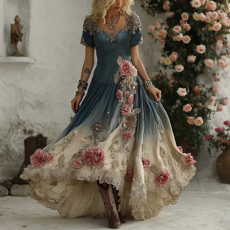 Women's Bohemian Pink Rose Patchwork Art Short Sleeve Maxi Dress