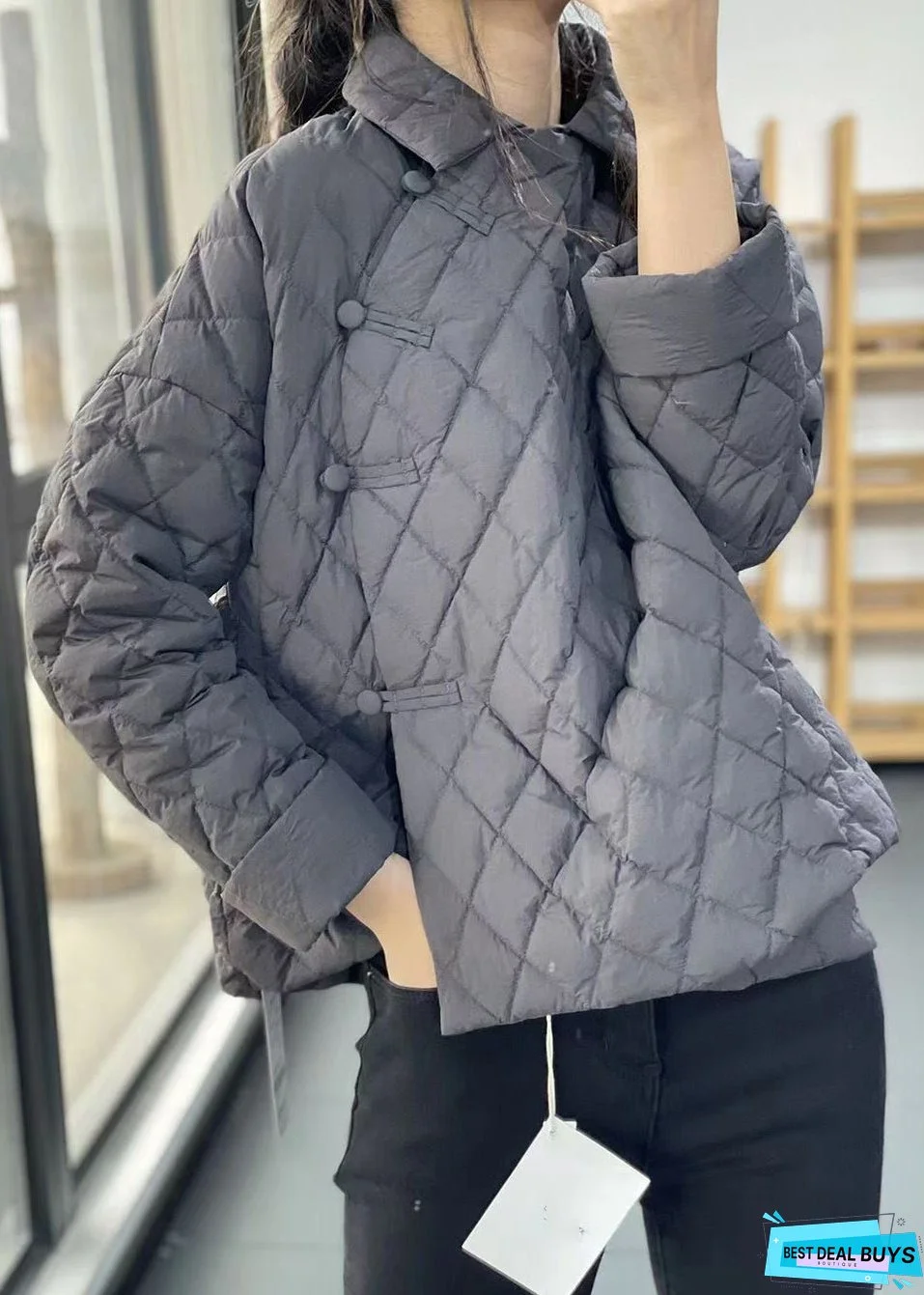 New Beige Peter Pan Collar Button Patchwork Thin Parka Winter