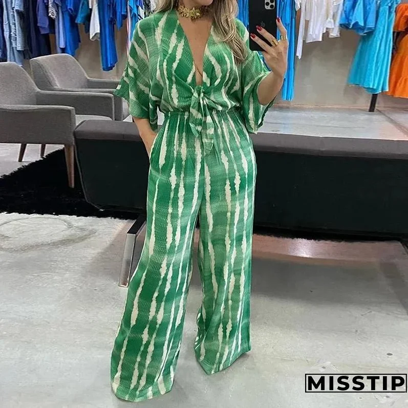 Wefads Women Jumpsuit Dolman Sleeves V Neck Lace Up Nipped Waist Printing Loose Wide Legs Casual Pants Romper High Streetwear