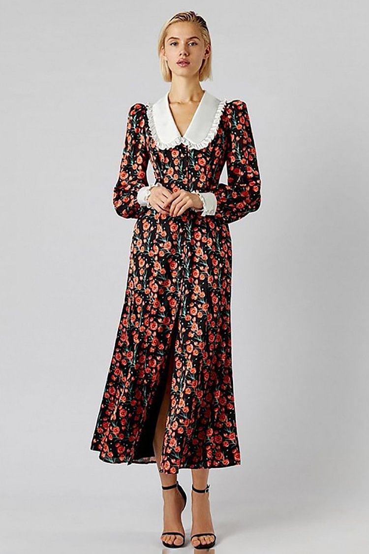 Ruffle Turndown V Collar Long Sleeve Floral Print Vacation Midi Dress