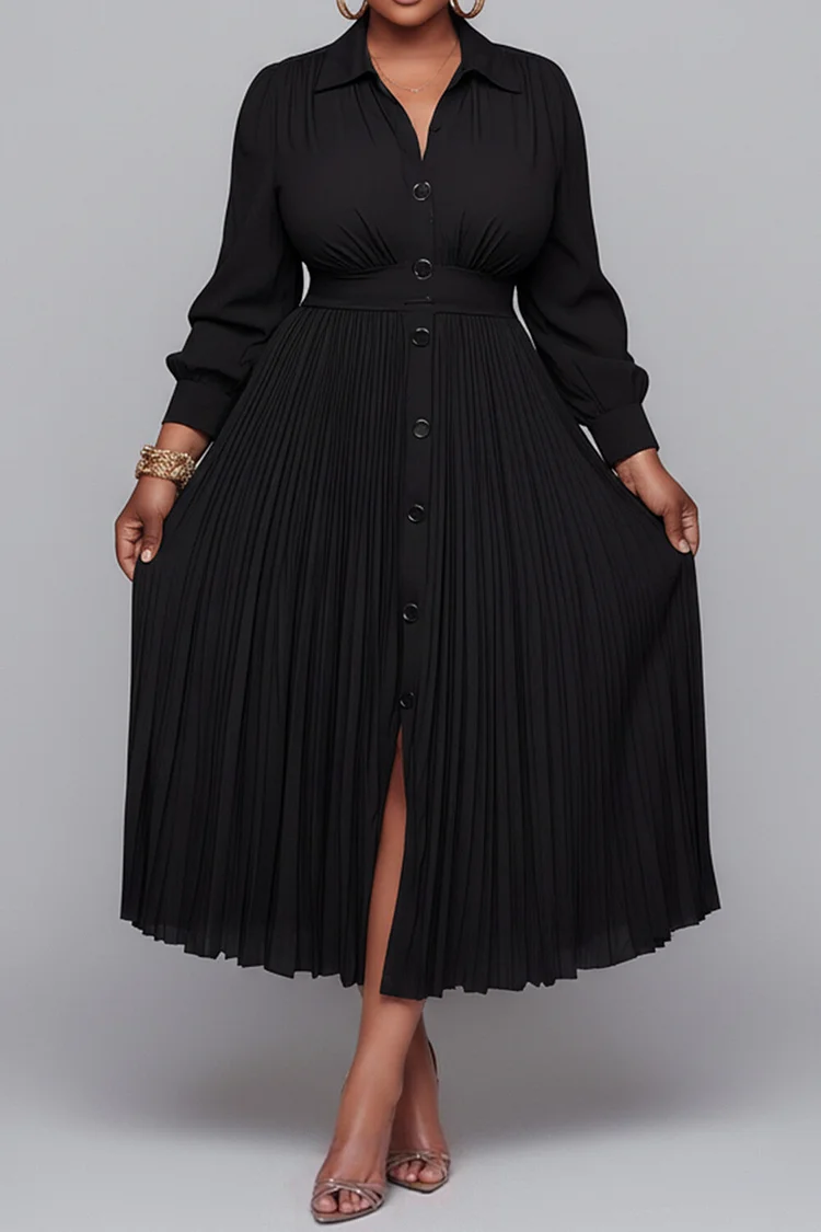 Xpluswear Design Plus Size Churchs Black Shirt Collar Long Sleeve Button Elegant Pocket Midi Dresses
