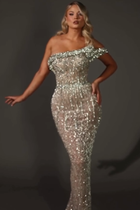 Lvs&Broner Chic Silver One Shoulder Strapless Sleeveless Long Prom Dress With Sequins