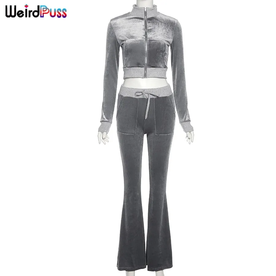 Weird Puss Velvet Women Tracksuit Skinny 2 Piece Set Zip Sporty Sweatshirt+Straight Pants Casual Fit Matching Streetwear Outfits