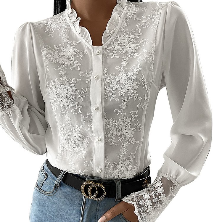 New Elegant Long Sleeve Ladies Tops Blouses Button Casual White Shirt Women Ruffles Collar Fit Slim Women Lace Patchwork Blouse - BlackFridayBuys