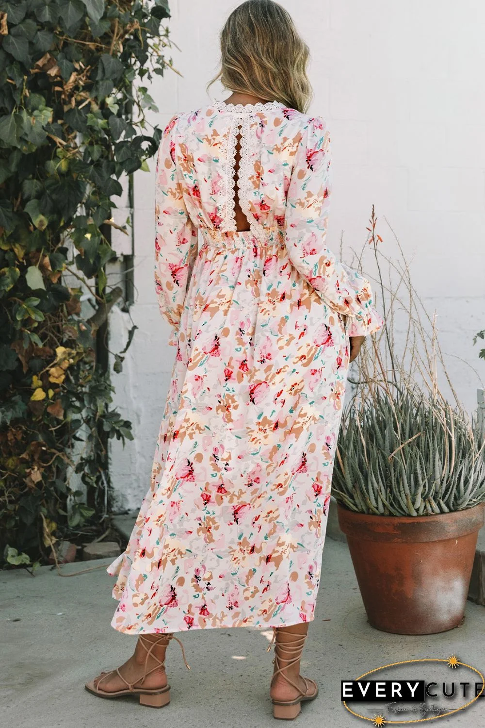 Pink Lace Patchwork Cut Out Back Floral Maxi Dress