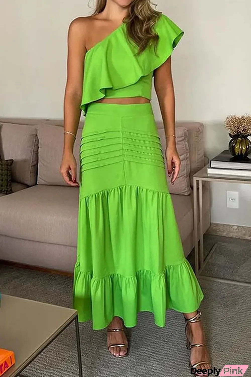 Elegant Solid Fold Oblique Collar Sleeveless Two Pieces