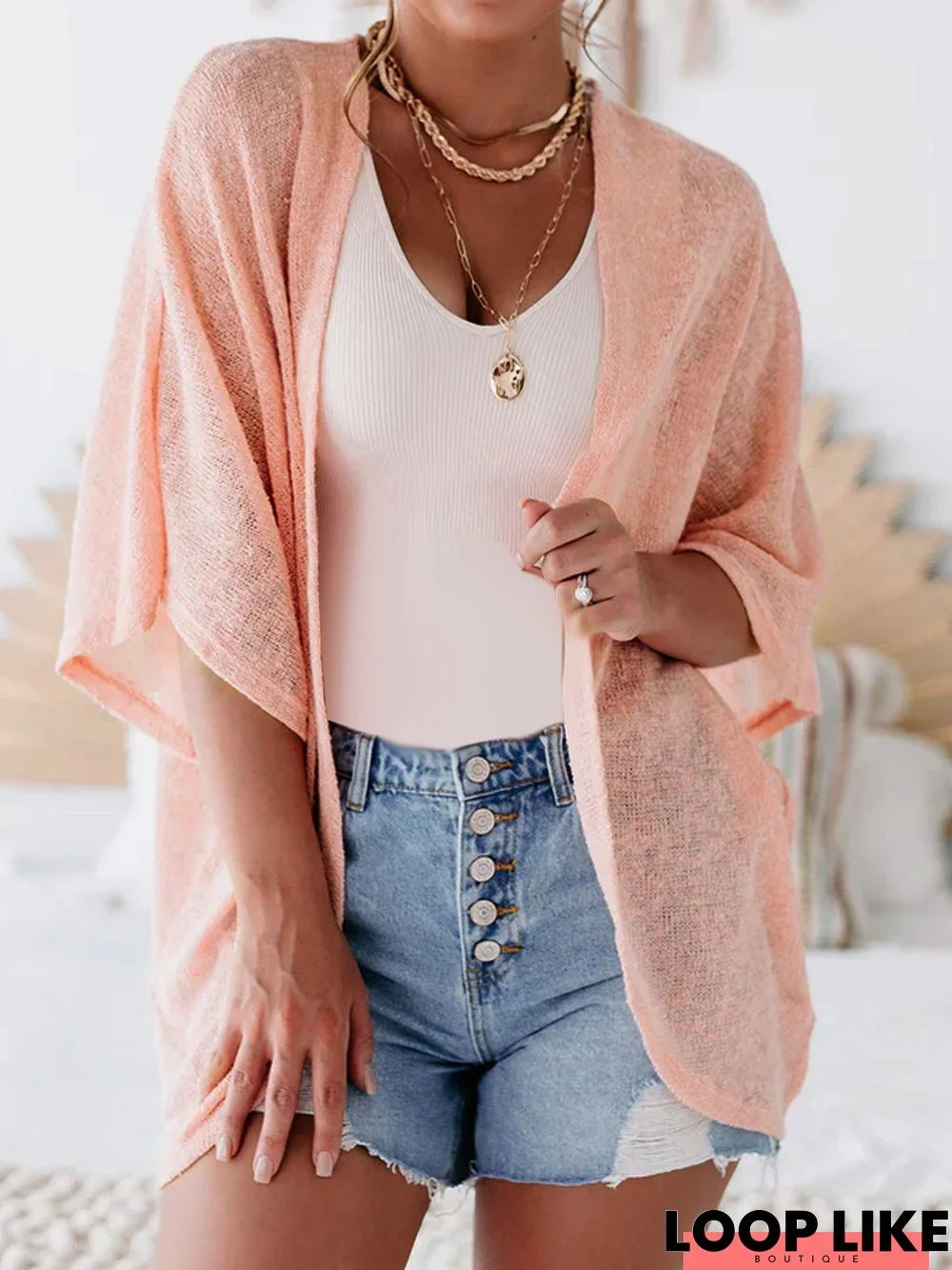 Casual Plain Knitted Half Sleeve Cardigan