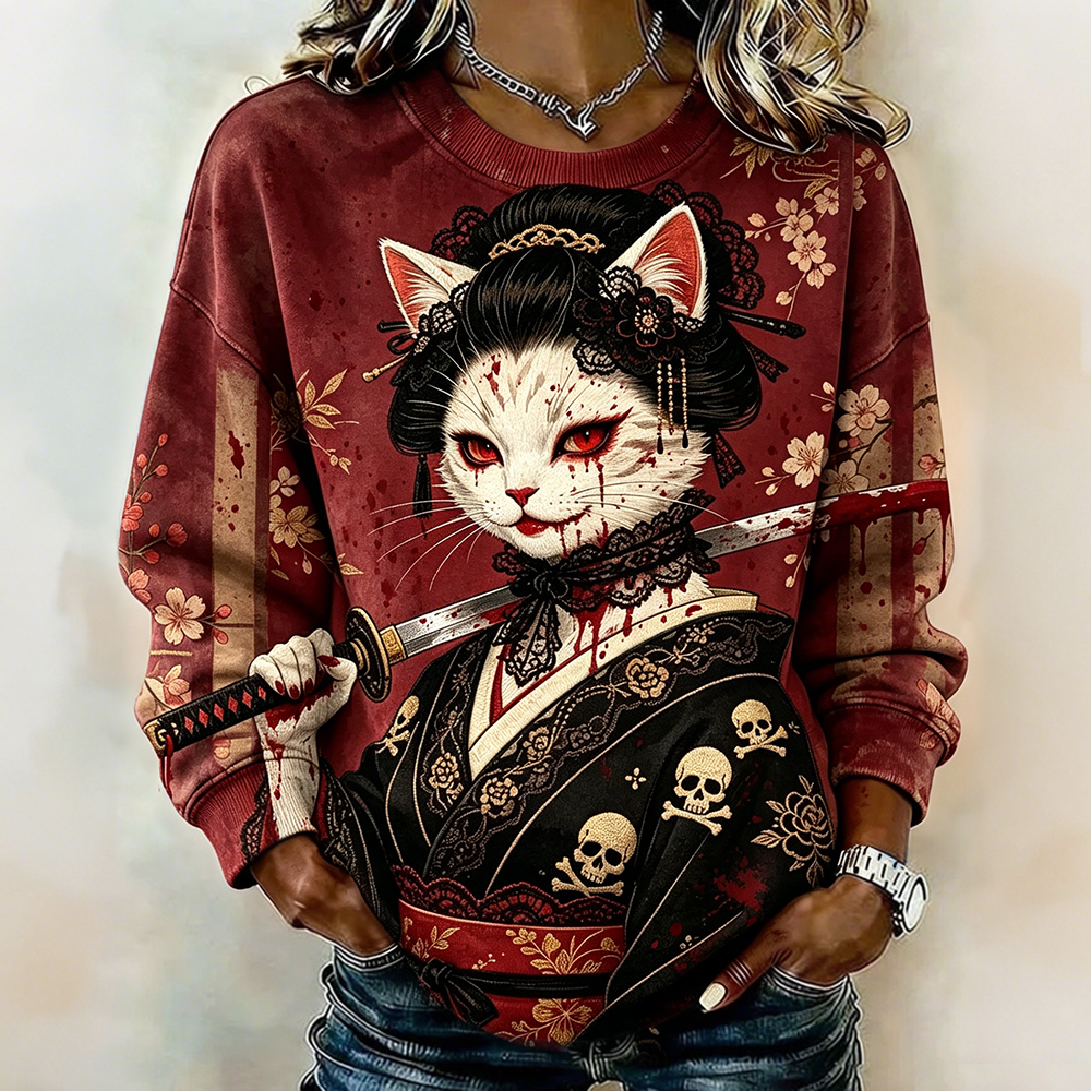 Bloody Japanese Geisha Cat Art Vintage Washed Sweatshirt elevenforest