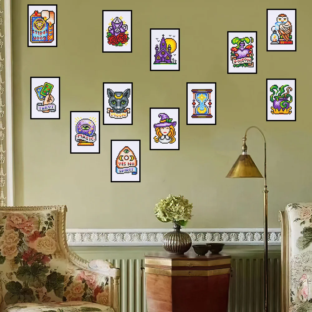 12pcs Witch DIY Mini Partial Round Diamond Painting Set Desktop Decor No Frame(12*17cm)