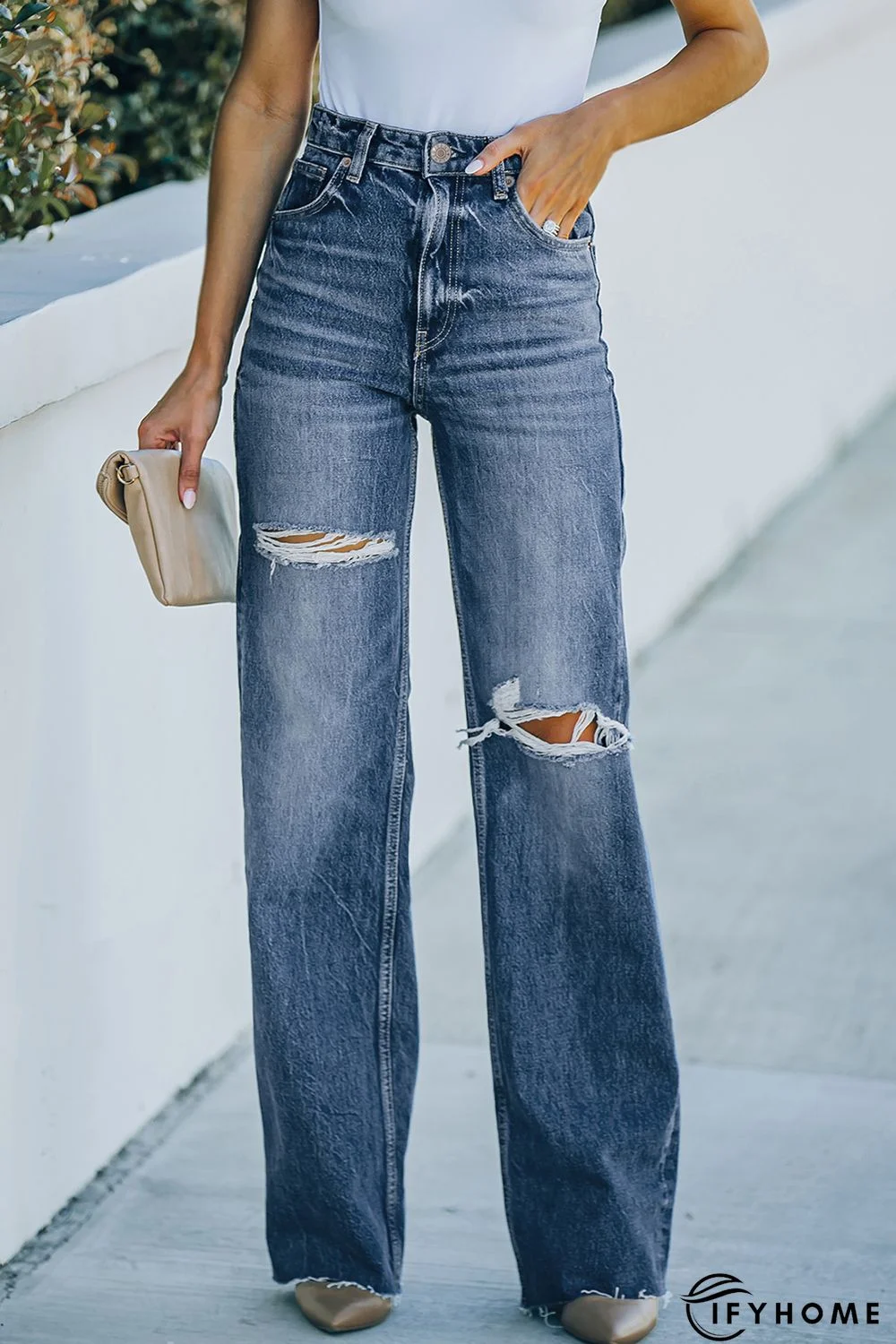 Sky Blue High Rise Ripped Straight Legs Loose Jeans | IFYHOME