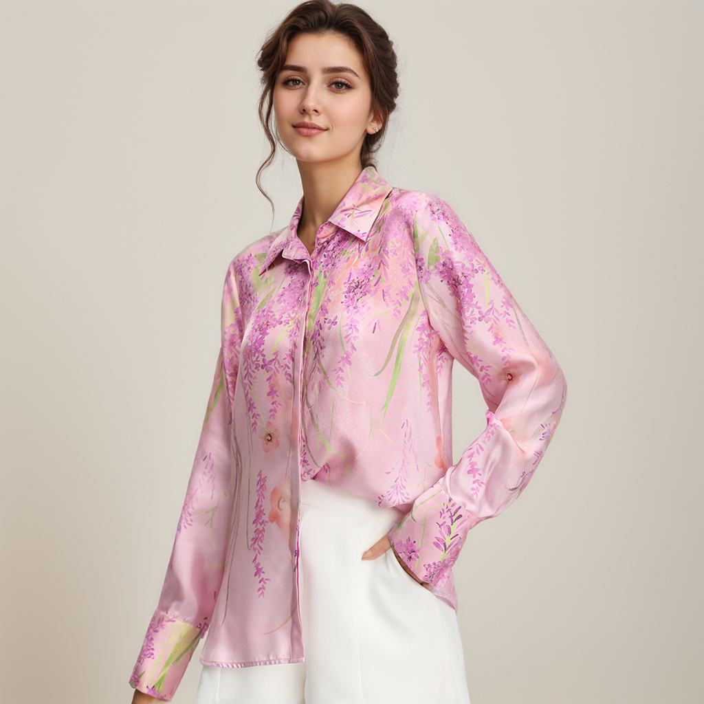 Silk Shirt Pink Floral Long Sleeves Twill REAL SILK LIFE