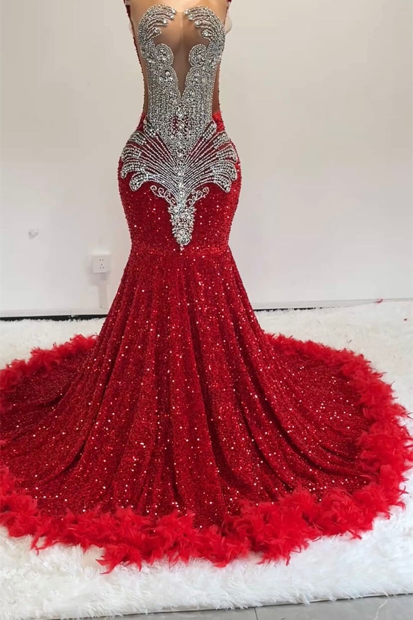Bellasprom Red Sequins Sleeveless Mermaid Prom Dress Long Beadings With Feather Bellasprom