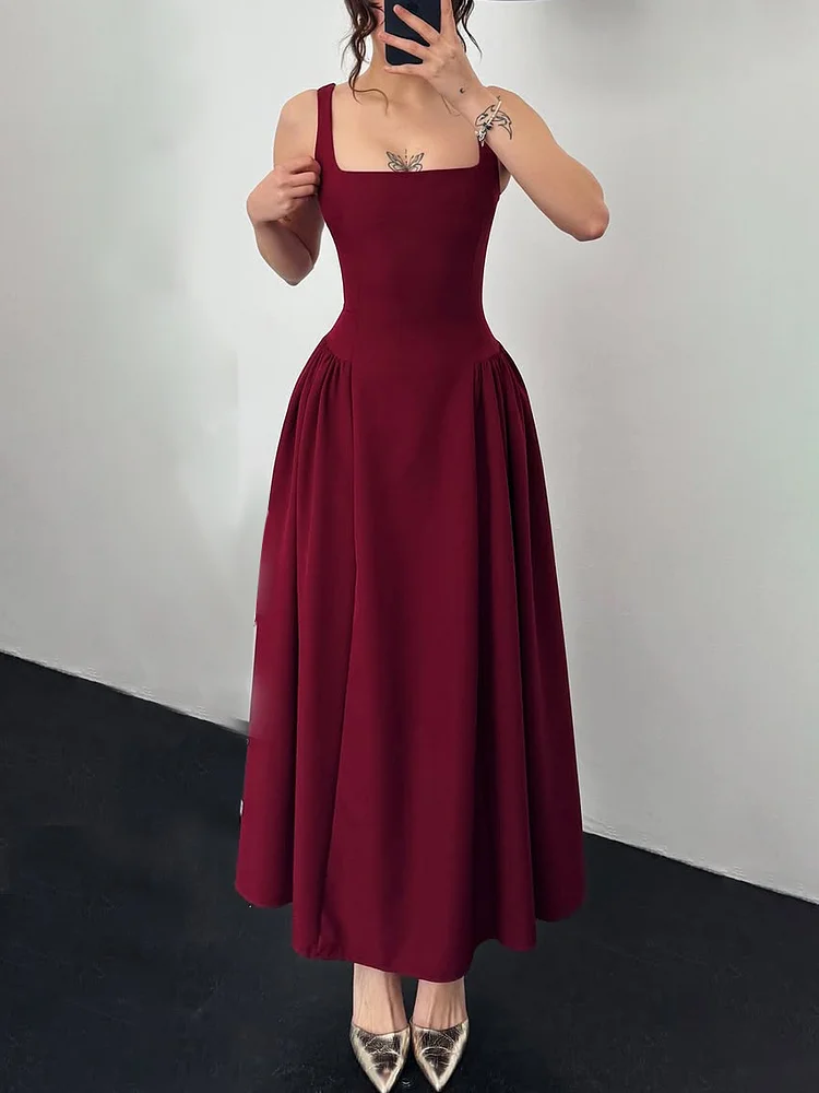 Burgundy Square Neck Swing Dress