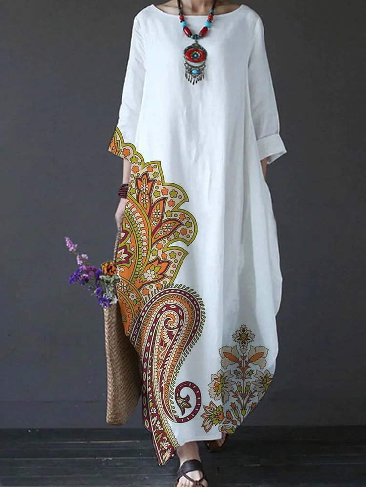 Ursime Ethnic Print Long Sleeve Loose Dress