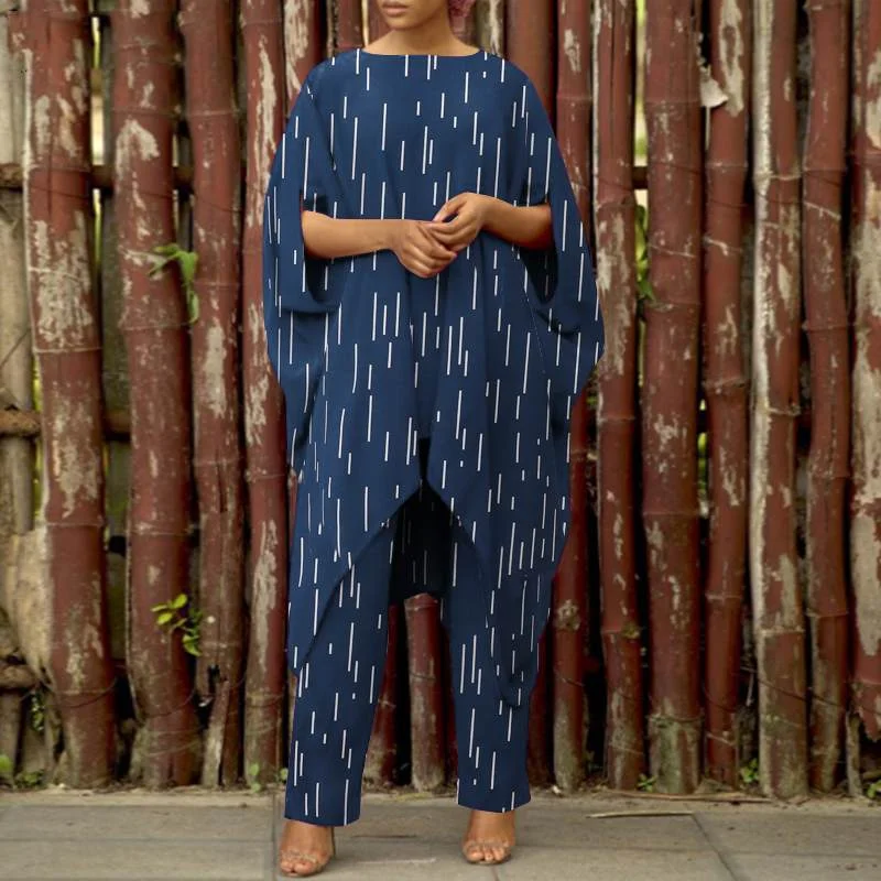 ZANZEA Fashion Women Urban Tracksuit Two Piece Sets Summer Asymmetrical Blouse Suits Loose Casual Printed Pant Sets Outifits