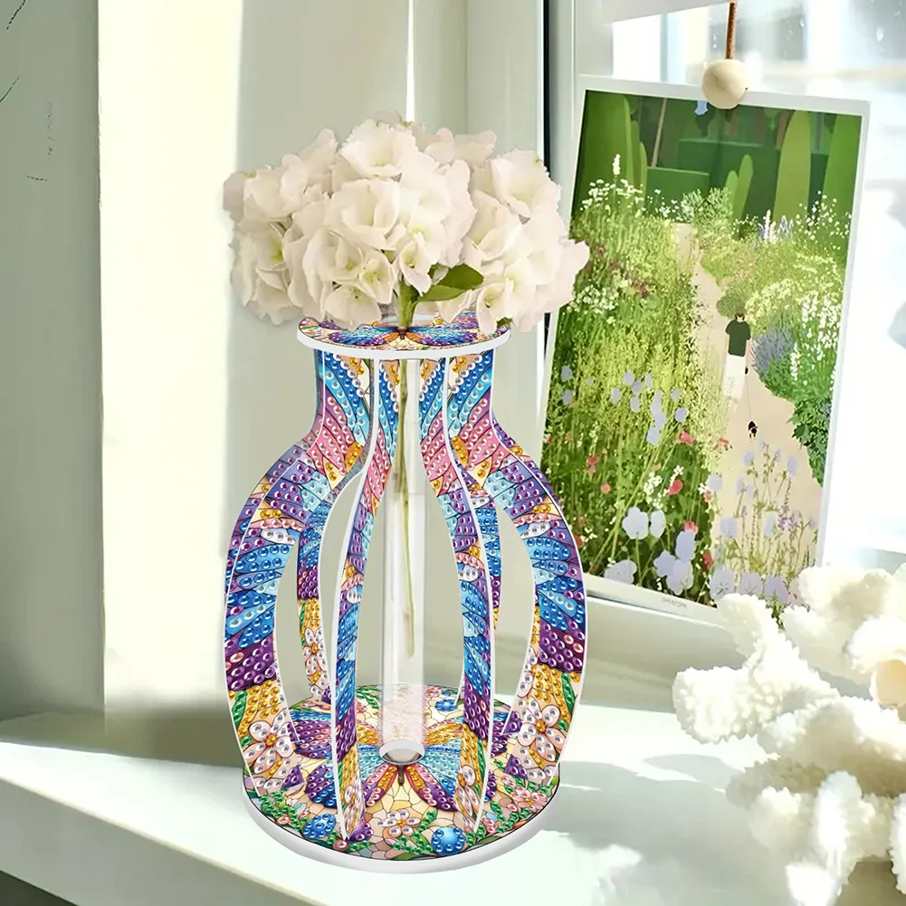 Acrylic Wood Butterfly 5D DIY Diamond Painting Flower Vase for Home Office Decor