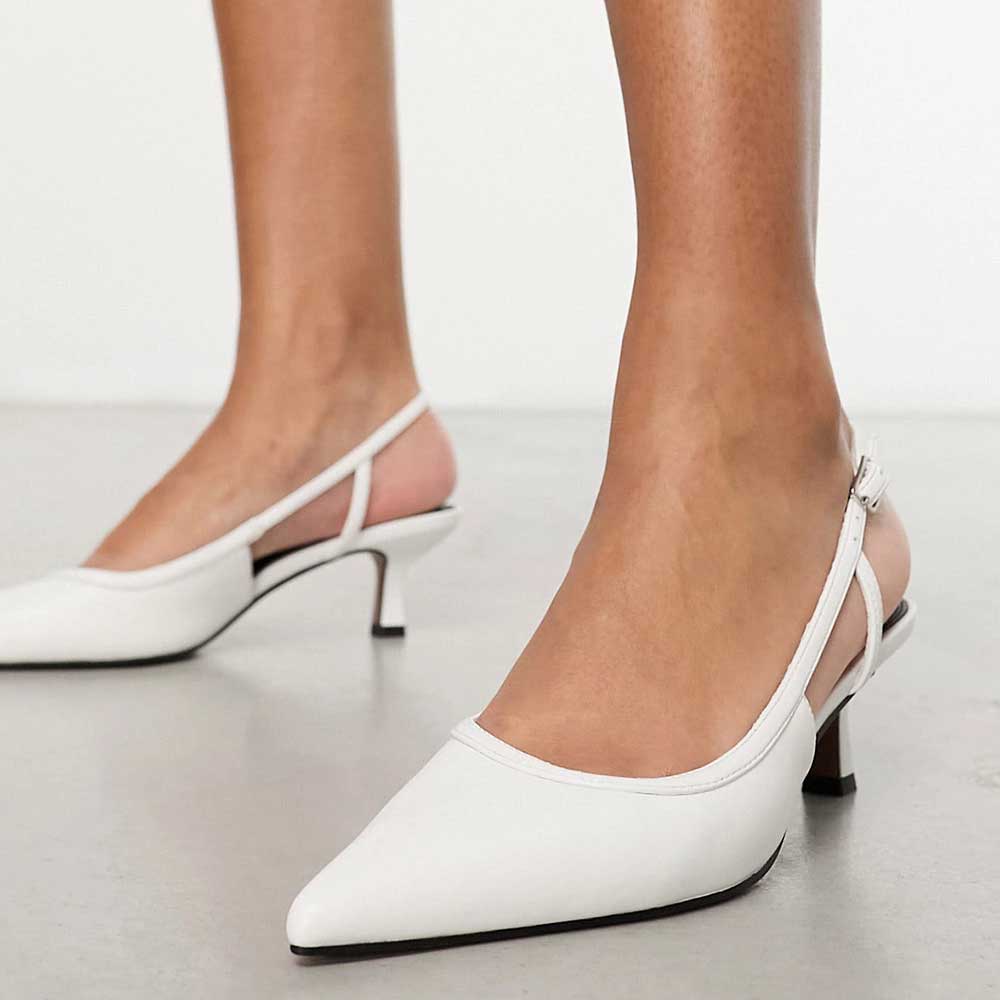 White Pointed Toe Kitten Heel Buckle Slingback Pumps    Nicepairs
