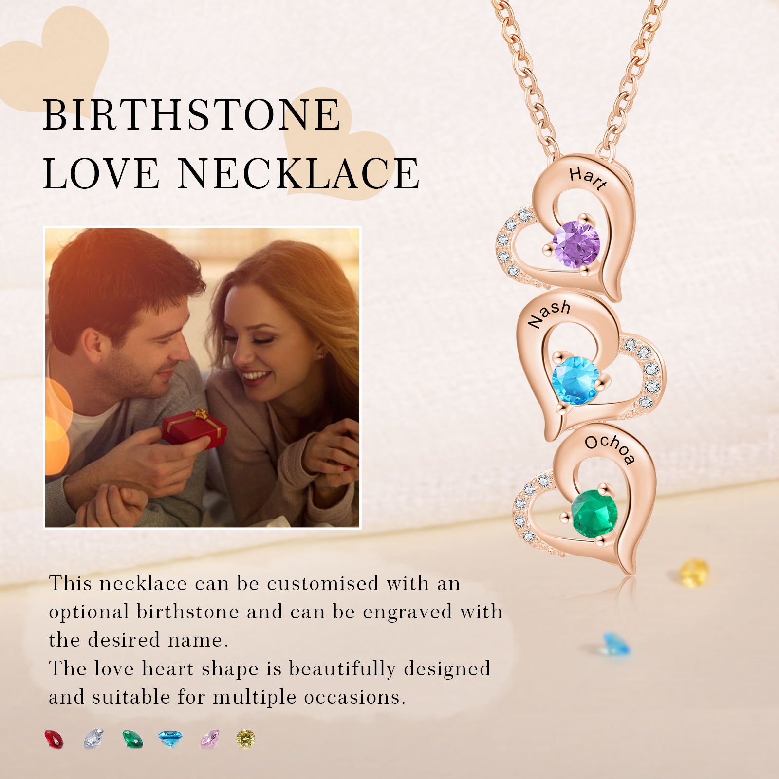 3 Names - Personalised Heart Pendant Necklace Custom Birthstones & Names Necklace Birthday Gift for Her-Jessemade AU