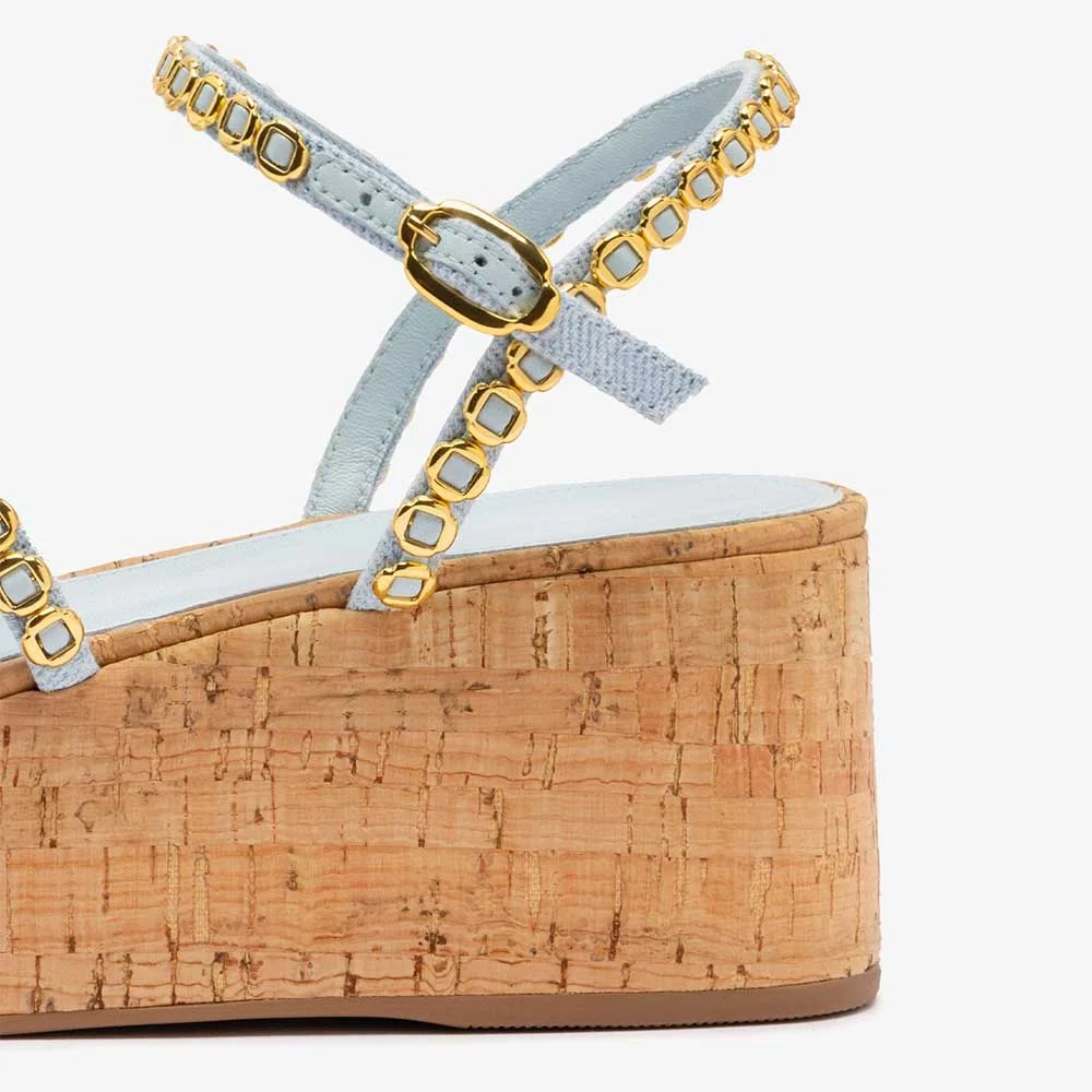 Light Blue Ankle Strap Open Toe Platform Heel Sandals with Gold Accent