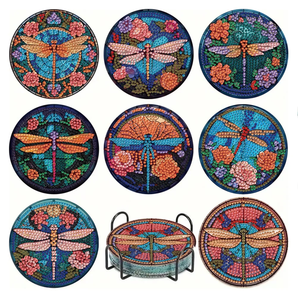 8pcs Dragonfly DIY Diamond Painting Coasters Kits with Holder Wooden Coaster