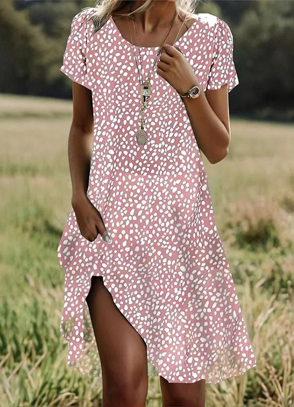 Huerhs Ethnic Style Printed Summer New Short Sleeved Dress Artistic Fashionable Women's Casual Round Neck Mid Length Dress