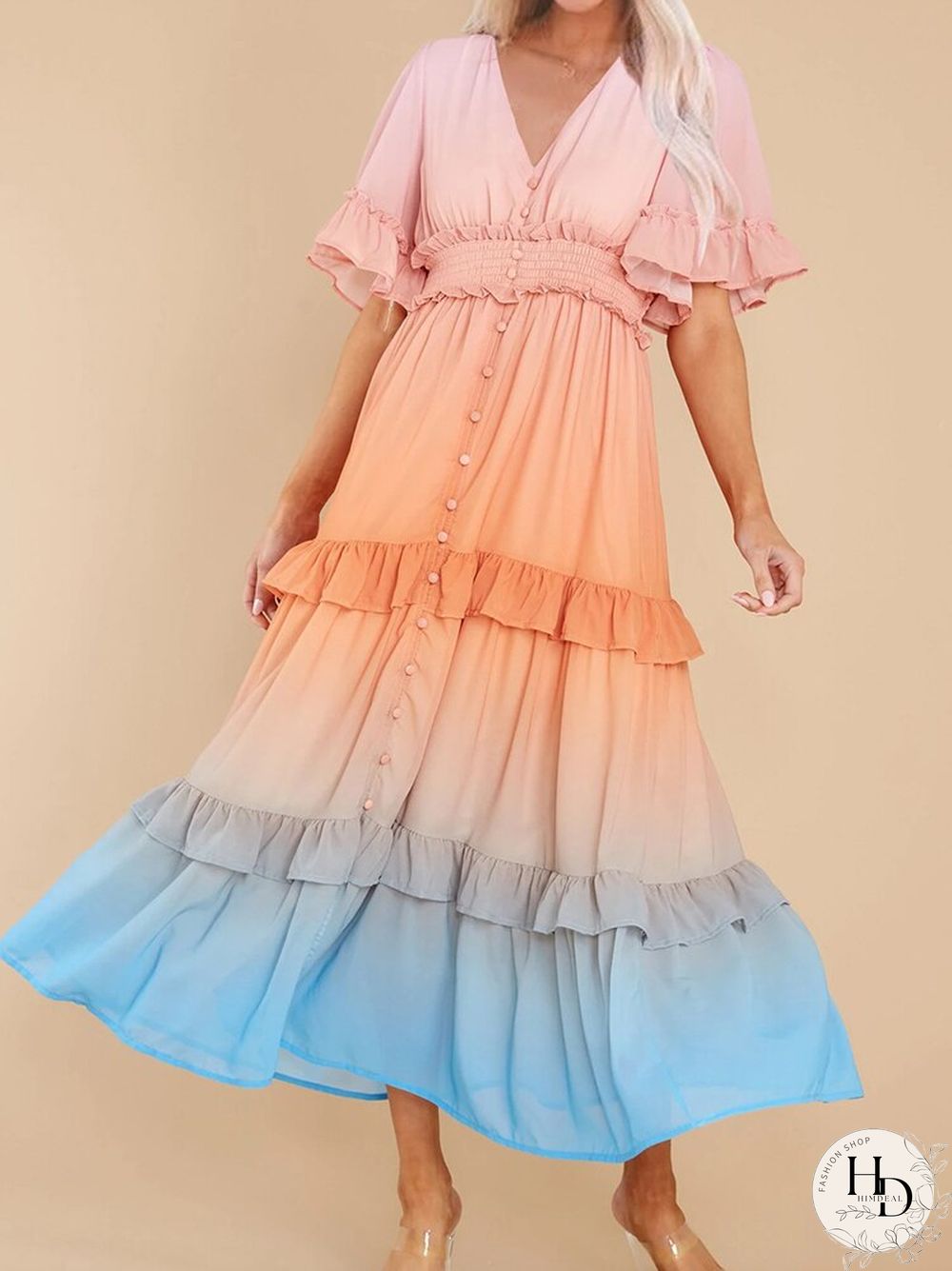 Ladies Fashion Gradient Rainbow Color Dress