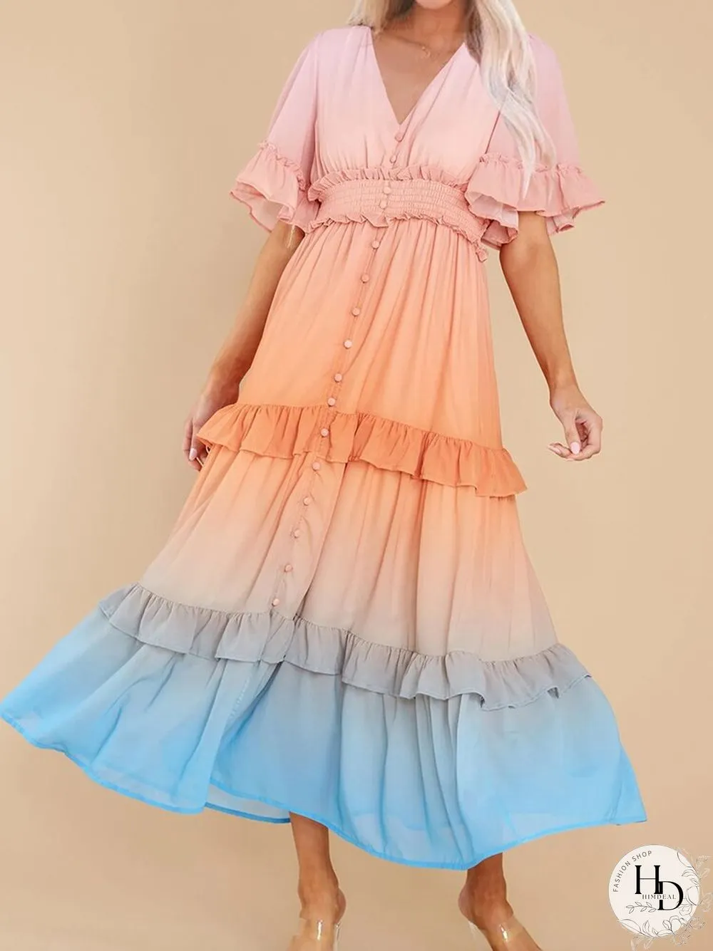 Ladies Fashion Gradient Rainbow Color Dress