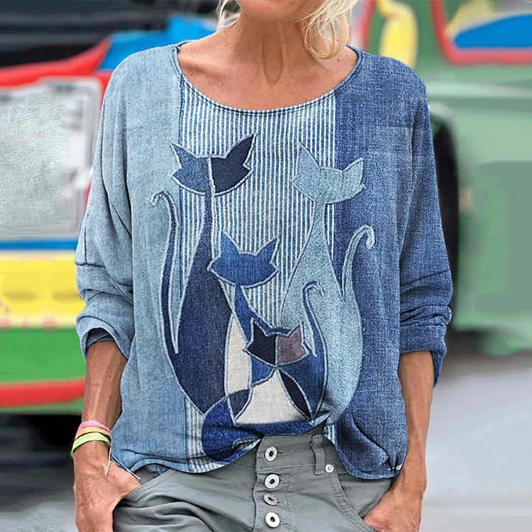 Cats Geometric Denim Patchwork Fiber Art T Shirt