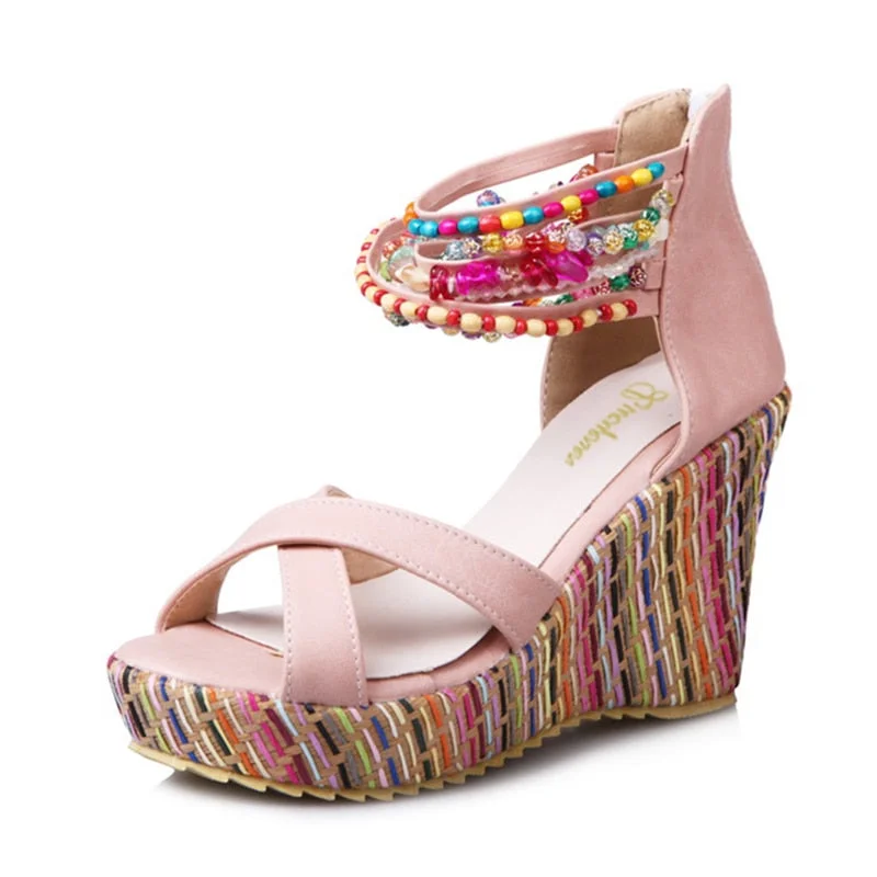 Lucyever 2019 Summer Women Colorful Beads High Heels Sandals National Style Wedges Platform Bohemia Shoes Woman Plus Size 34-43