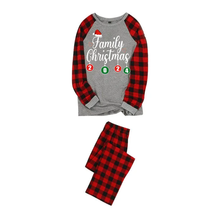 "Family Christmas" 2024 Letter Print Black & Red Plaid Family Matching Grey Pajamas With Dog bandana