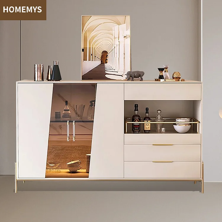 Homemys Minimalist Light Khaki Buffet Tempered Glass Doors & Shelf Sideboard Tray Wine Rack