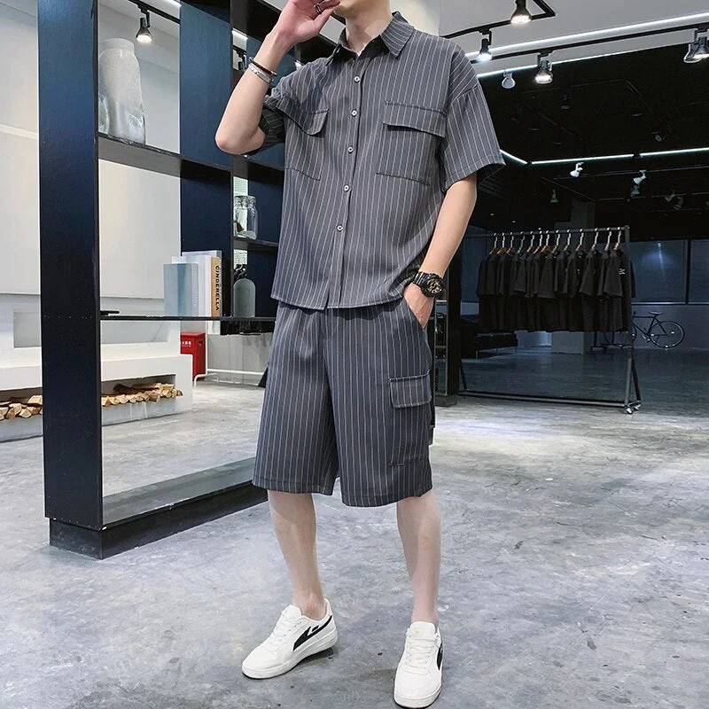 Woherb Summer Men's Set Korean Casual Striped Short Sleeve Shirts Knee-length Elastic Shorts Chest Pockets
