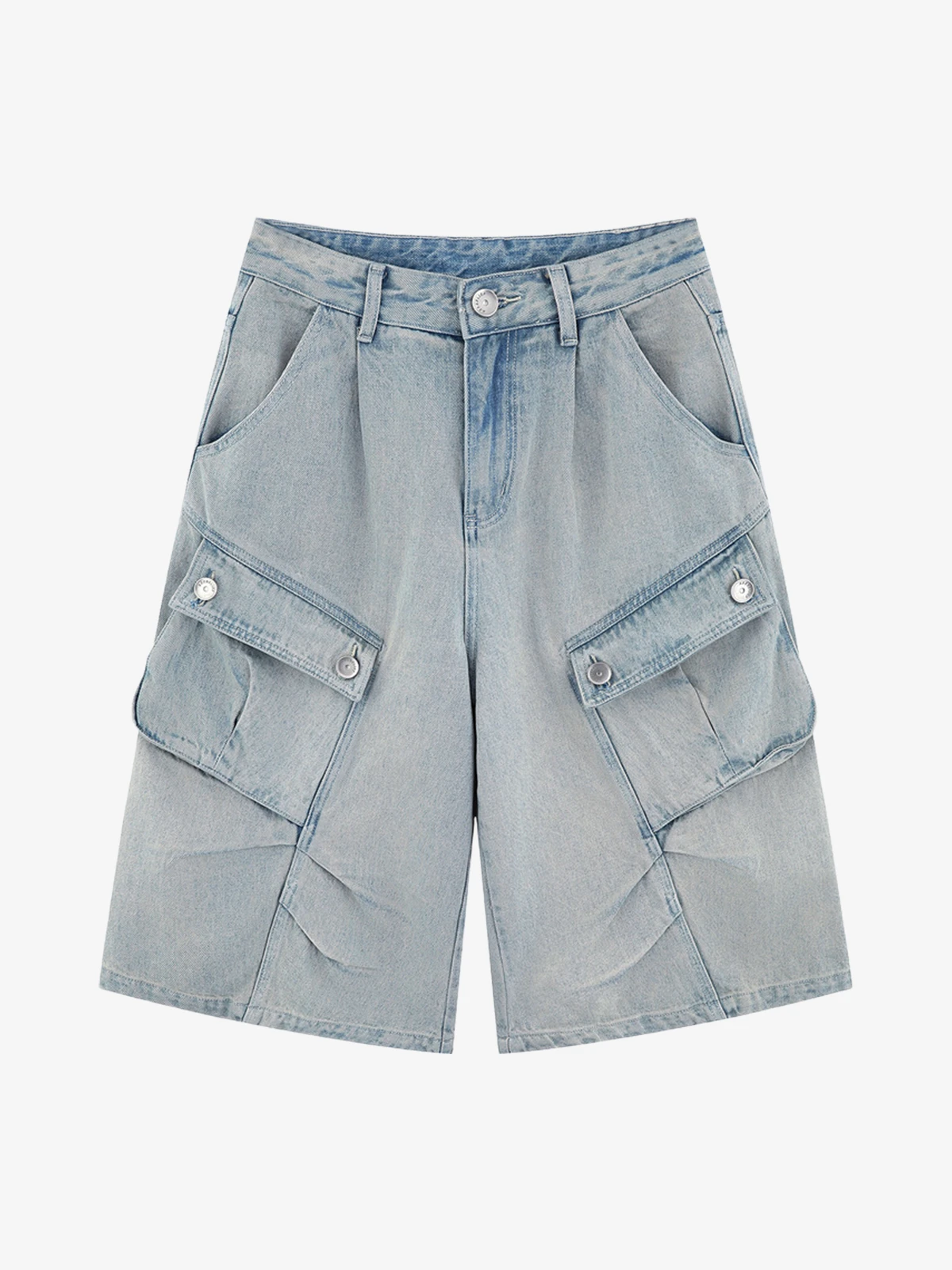 Blue Act Chic Washed Multi-Pocket Cargo Longline Jorts Front