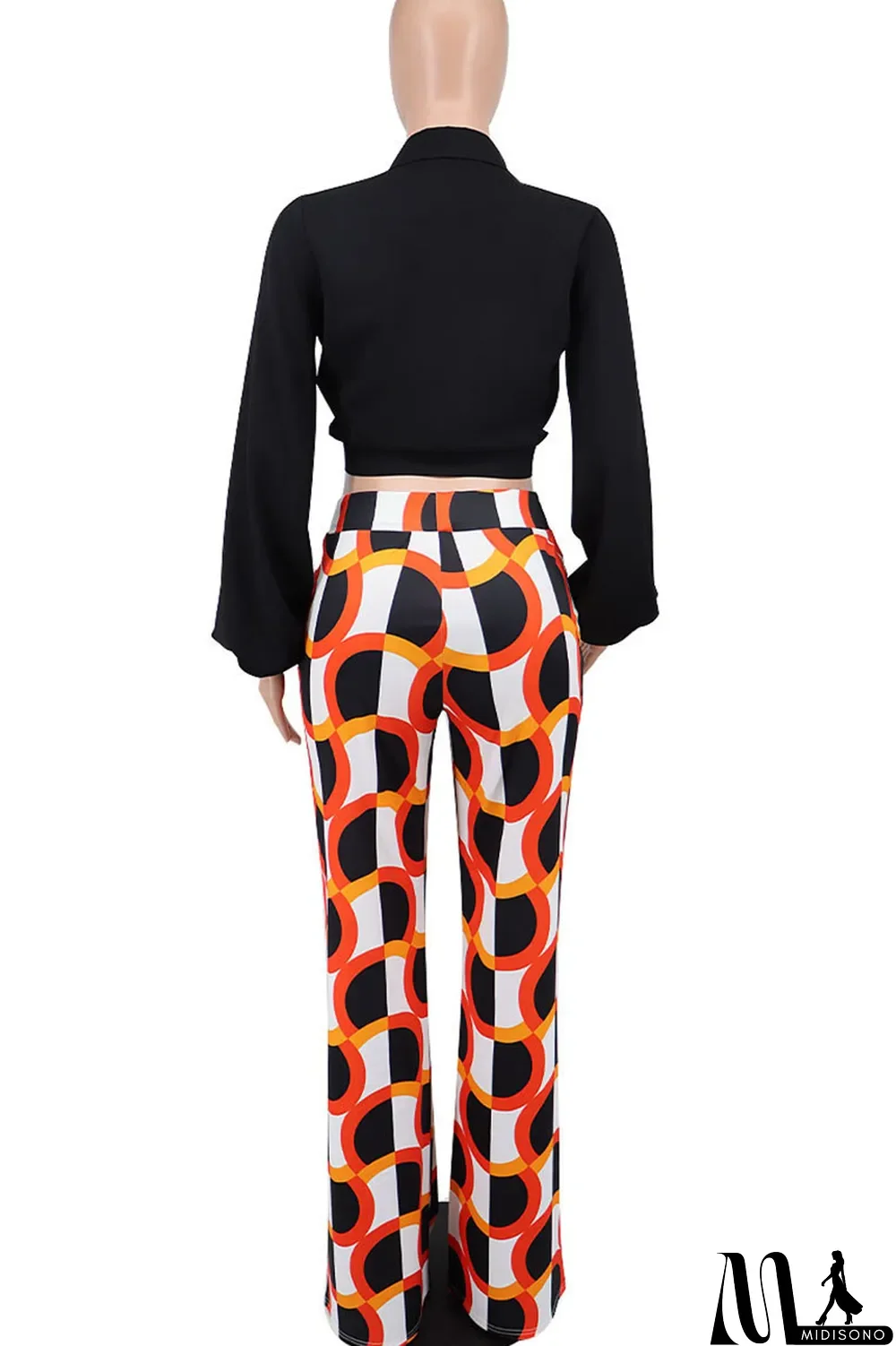 MidiSono - Black Casual Print Bandage Split Joint V Neck Long Sleeve Two Pieces