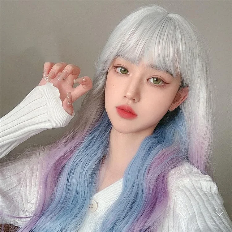 Kawaii 3 Colors eGirl Lolita Purple White Blue Gradient Big Wavy Long Curly Wig SS1664