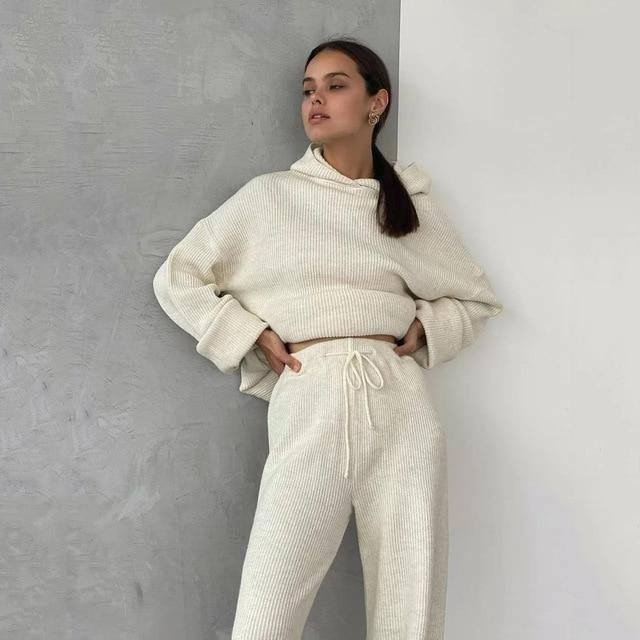 Autumn Knitted Sweat Suits Women Matching Sets Long Sleeve Hoodie+wide-legged Pants Loungewear Sweater Set Two Piece Outfits