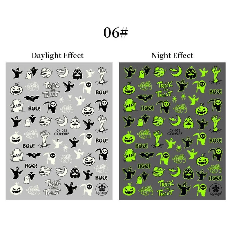 3D Luminous Nail Stickers Halloween Pumpkin Spider Star Moon Transfer Sliders  Winter Glow In The Dark Nail Art Decoration-Nail Inspo