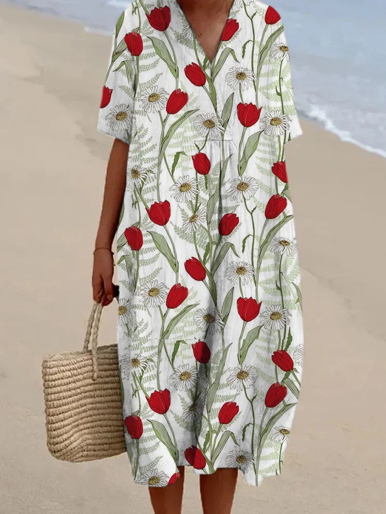 Tulip Floral Print Women's Linen V-Neck Long Dresses