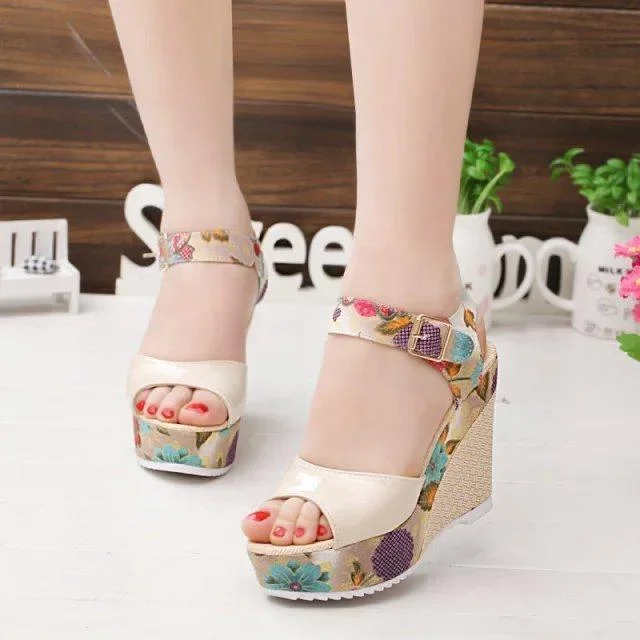 Women Summer Platform Wedges Sandal Shoes Floral High Heels Open Toe Sandals
