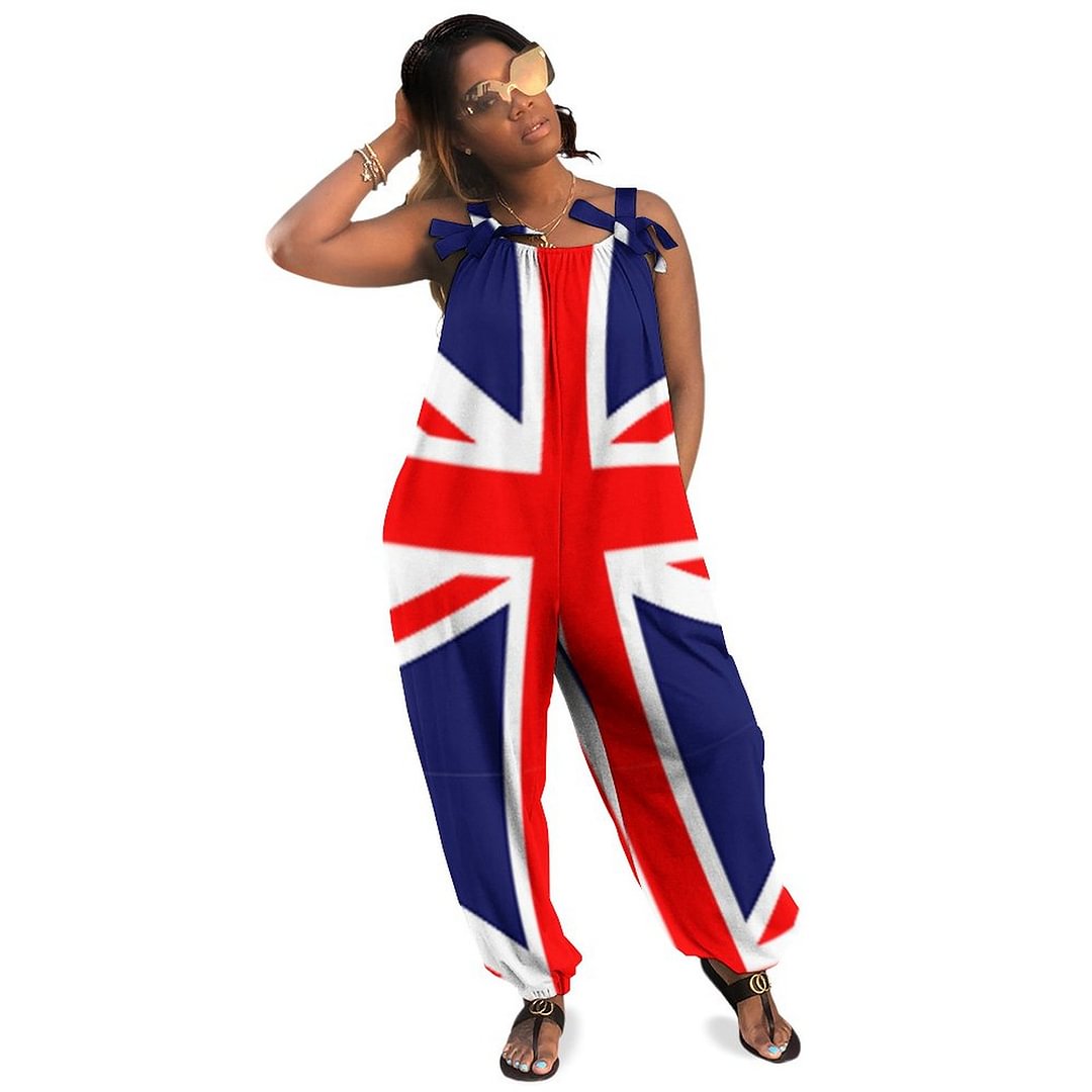 Uk Flag Pattern Red Blue White Union Jack Boho Vintage Loose Overall Corset Jumpsuit Without Top