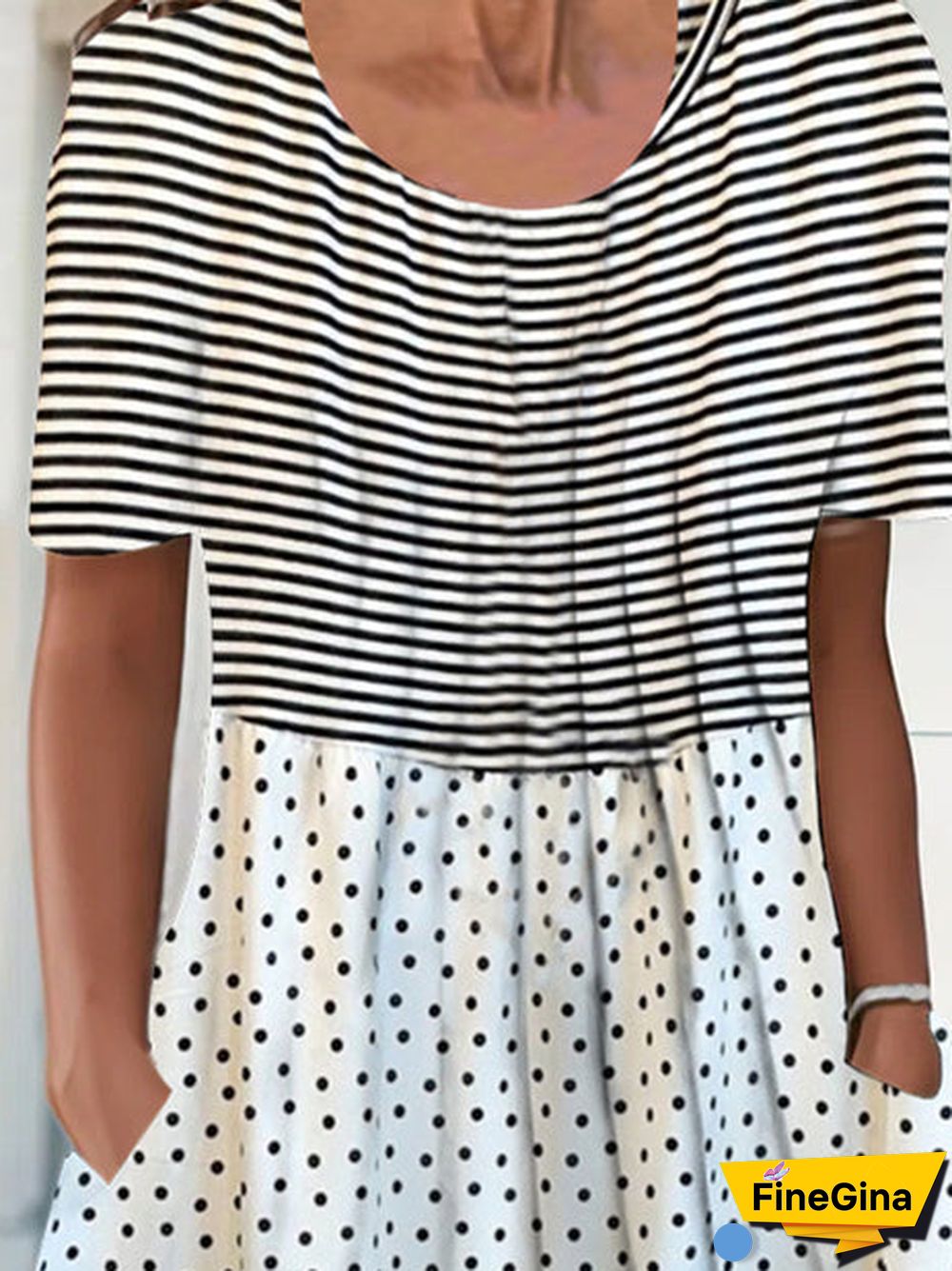Women's Short Sleeve Scoop Neck Striped Polka Dot Midi Dress