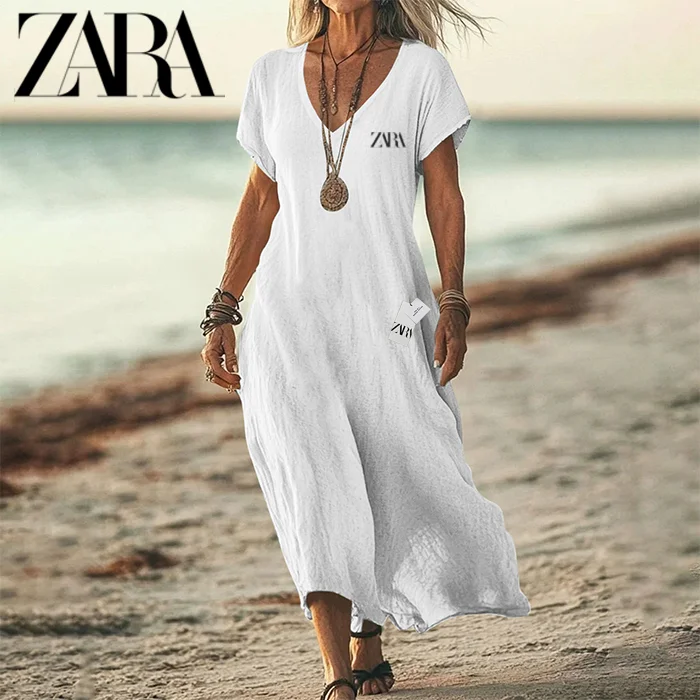 💃ZARA2025 nové bavlněné lněné volné šaty s výstřihem do V a krátkými rukávy