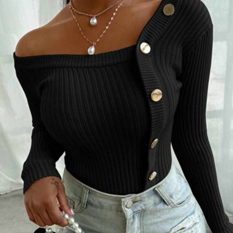 Women Fashion Elegant Knitted Tops Long Sleeve Off Shoulder Sexy Casual Slim Buttons Top Femme Ladies Solid Sweaters Fall Spring