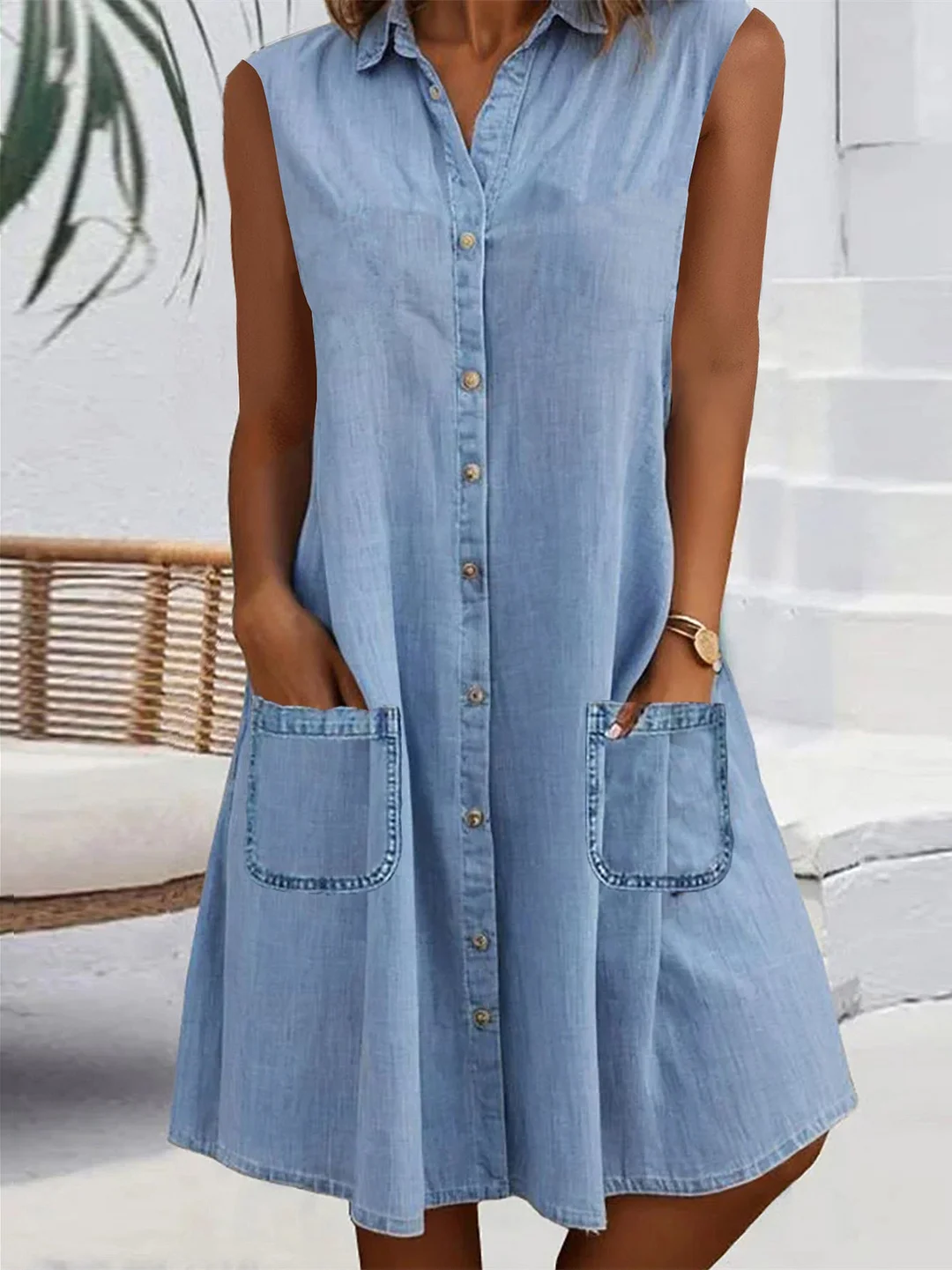 Women Sleeveless Shirt Collar Solid Button Pockets Midi Dress