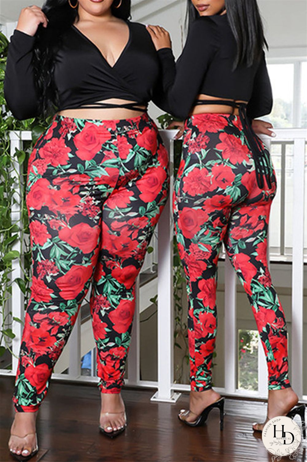 Black Fashion Casual Print Bandage V Neck Plus Size Two Pieces