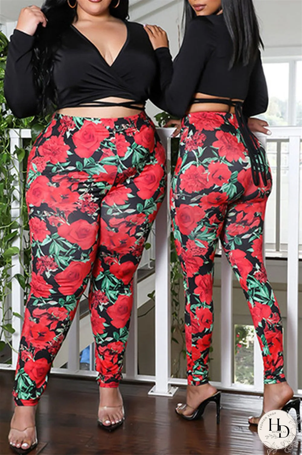 Black Fashion Casual Print Bandage V Neck Plus Size Two Pieces