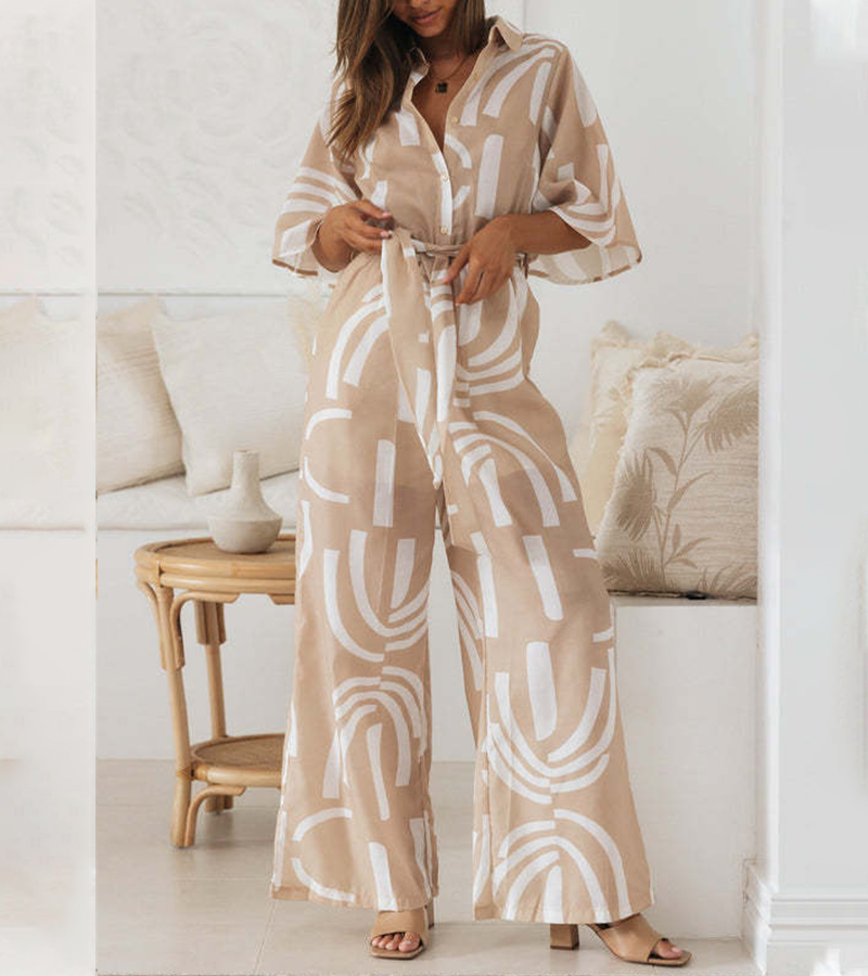 Leaves Printed Lapel, Five-quarter Sleeves and Belted Long Jumpsuit
