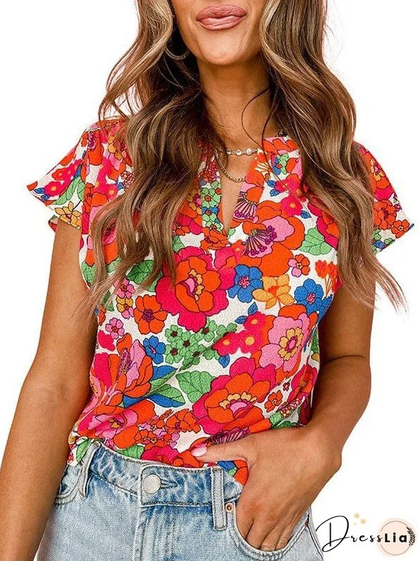 Women'S Loose Fit V-Neck Flower Print Pullover Top With Short Flying Sleeves